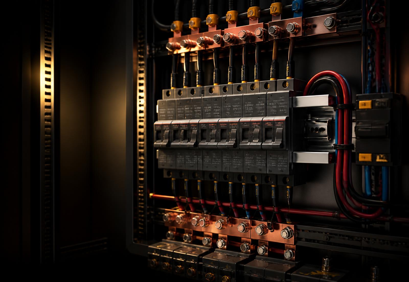 Industrial electrical control panel with copper busbars and circuit breakers